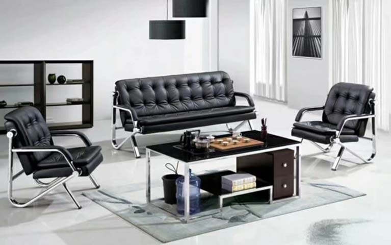 Black Tempered Glass Office Reception Coffee Table with Side Drawers and Lower Shelf