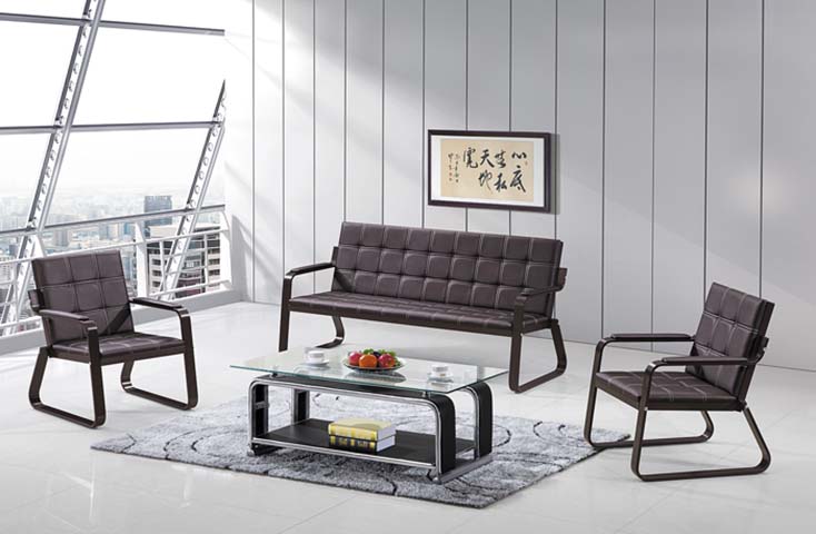 3-Piece Dark Brown Tufted Office Reception Sofa Set with Glass-Top Coffee Table