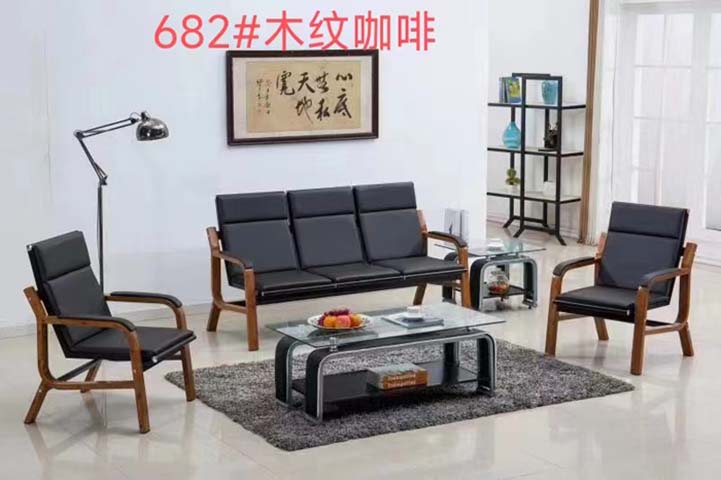 682# Walnut Grain Frame Black Faux Leather Office Reception Sofa Set, 3+1+1 Configuration
