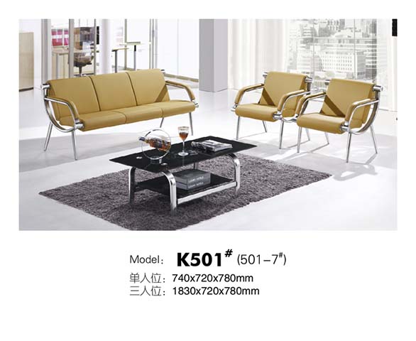 3+1+1 Chrome Frame Tan Upholstered Office Reception Seating Set with Double-Tier Black Glass Coffee Table