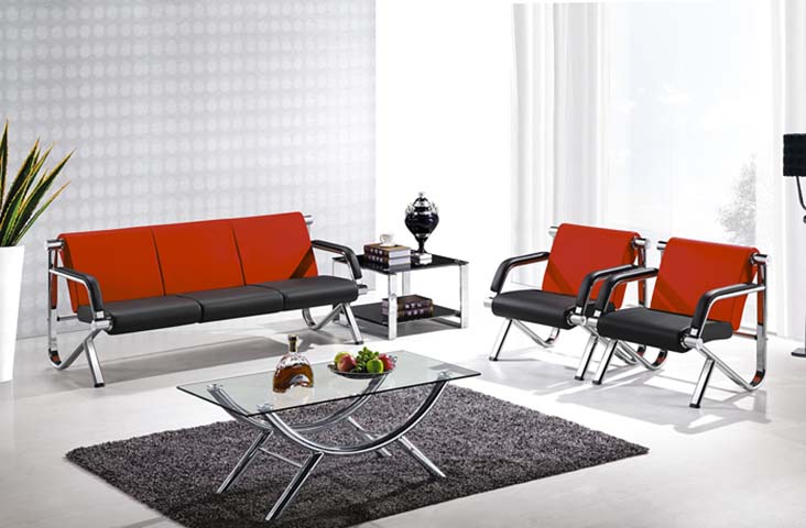Chrome Frame Office Reception Seating Set with Glass Coffee and Side Tables