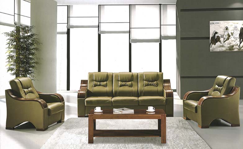Olive Green PU Leather 1+3+1 Office Reception Sofa Set with Matching Solid Wood Coffee Table