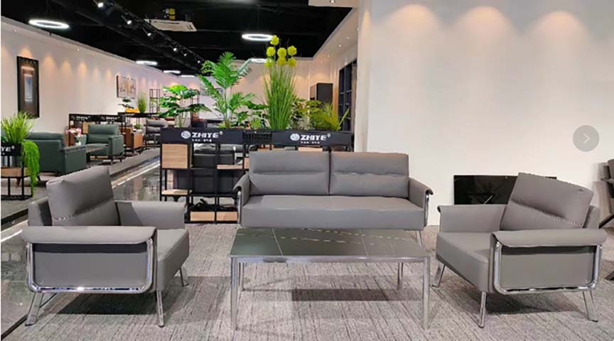 1+1+3 Configuration Grey PU Leather Chrome Frame Office Reception Sofa Set with Tempered Glass Coffee Table