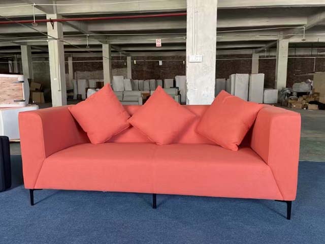 Coral Pink Woven Fabric Three-Seater Sofa with Black Metal Angled Legs