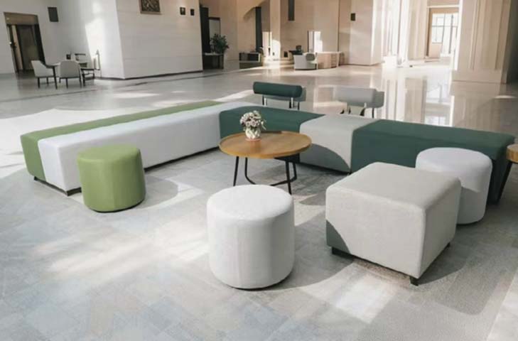 Modular L-Shaped Backless Fabric Lounge Ottoman Set with Matching Side Table and Poufs