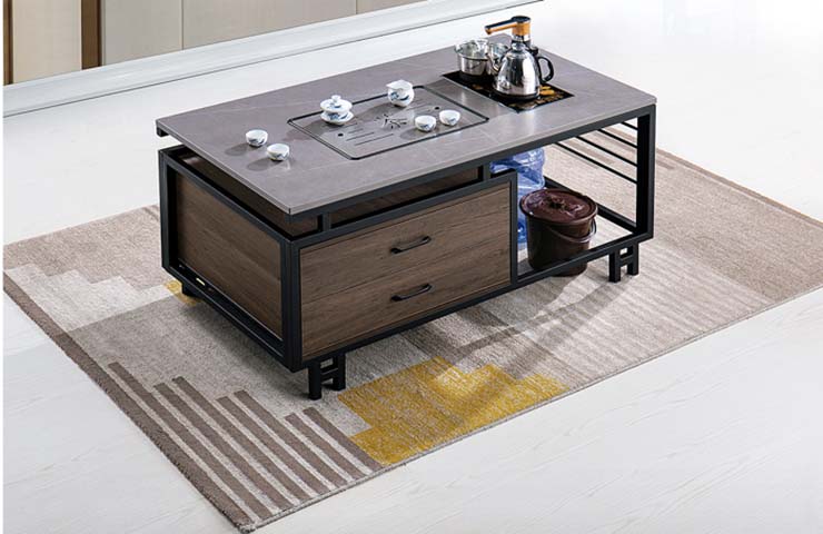 Stone-Top Multifunctional Tea Coffee Table with Integrated Tea Brewing Station