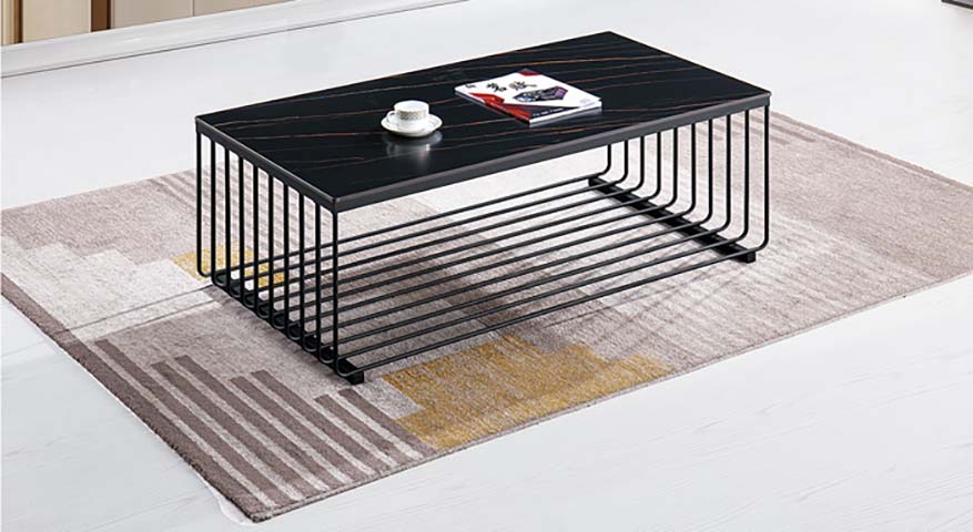 Modern Rectangular Black Veined Stone Top Open Slatted Metal Frame Coffee Table
