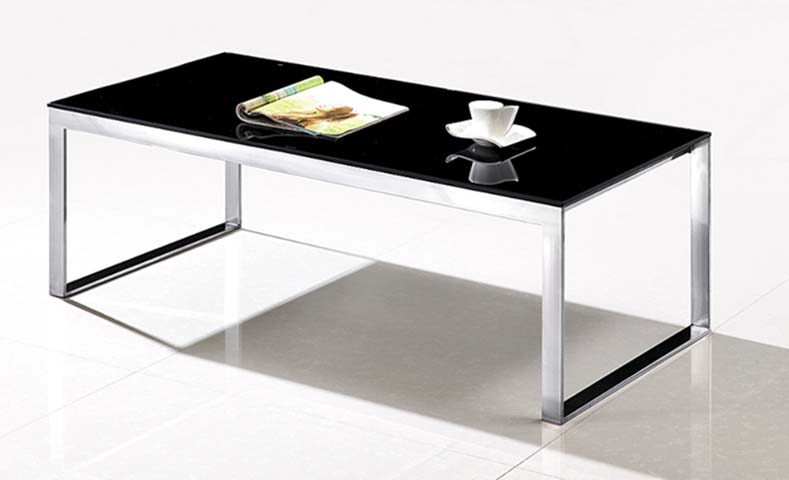 Modern Rectangular Glossy Black Glass Top Polished Chrome Open Frame Coffee Table