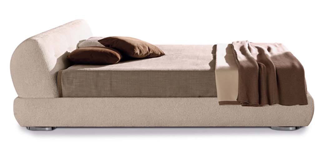 Light Beige Boucle Upholstered Low-Profile Platform Bed with Asymmetrical Curved Headrest