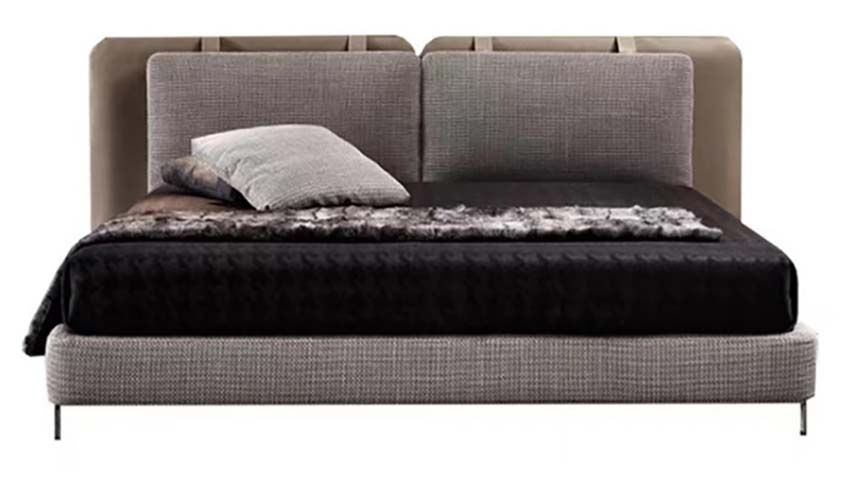Two-Tone Upholstered Low-Profile Platform Bed with Split Strap Headboard