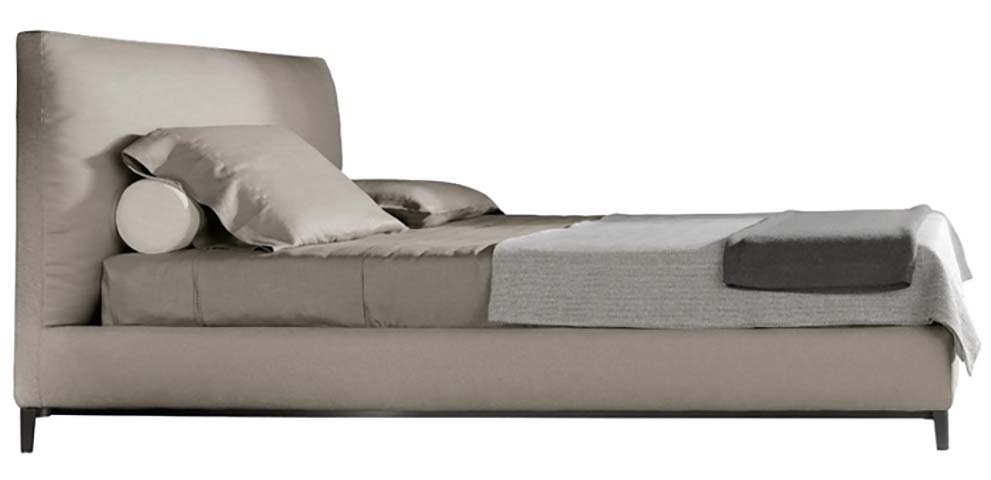 Taupe Upholstered Low-Profile Platform Bed with Tall Padded Rounded Headboard