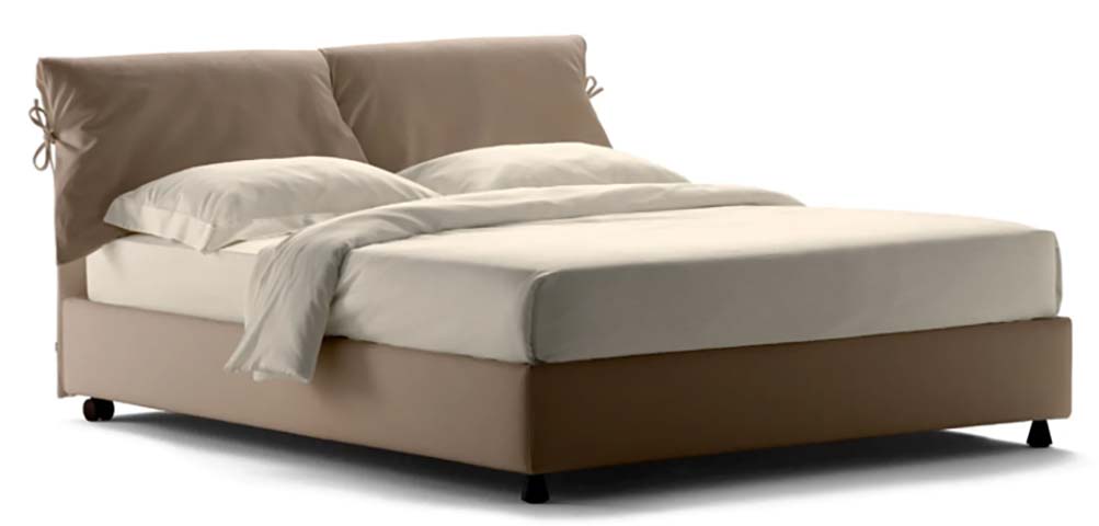 Taupe Upholstered Platform Bed with Tie-On Dual Padded Headboard Cushions