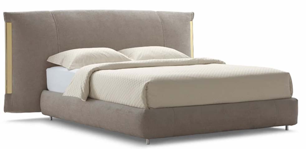 Taupe Upholstered Low-Profile Platform Bed with Brass-Accent Winged Headboard