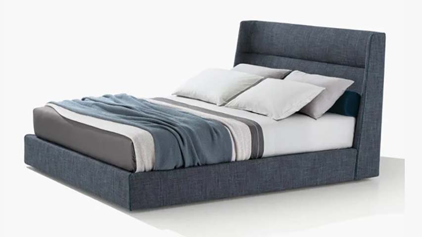 Dark Blue Linen Upholstered Wingback Queen Platform Bed