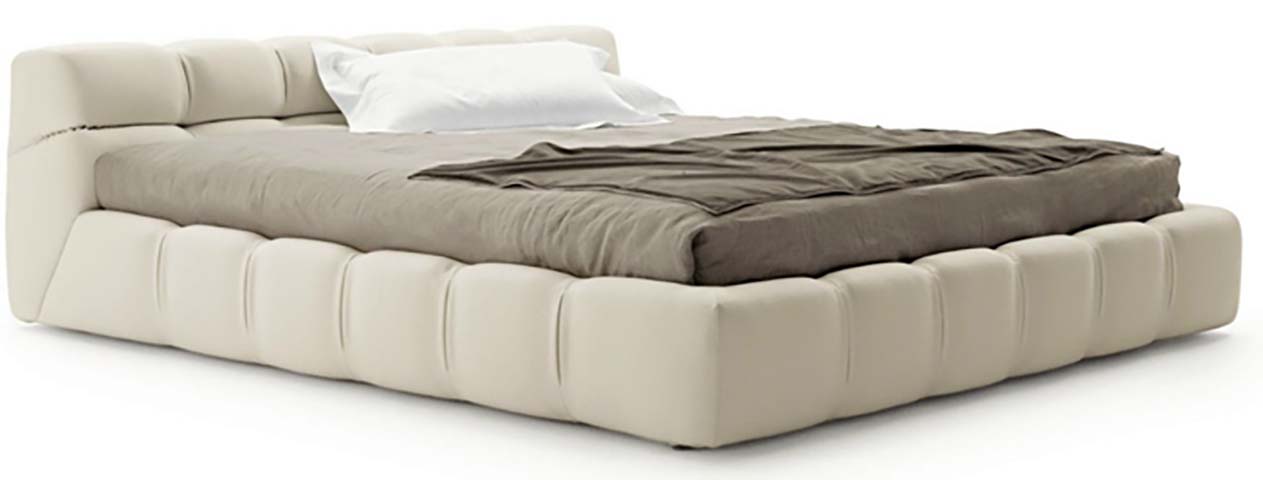 Beige Channel-Tufted Floor-Hugging Upholstered Platform Bed (King Size)