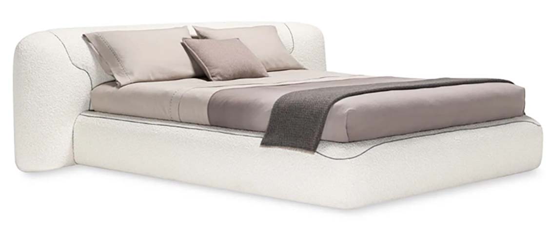 White Boucle Wraparound Low-Profile Upholstered Platform Bed