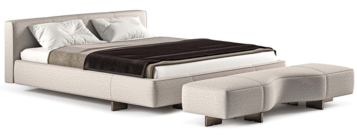Light Gray Boucle Upholstered Low-Profile Platform Bed with Left Wrap-Around Wing Headboard and Matching Curved End-of-Bed Bench