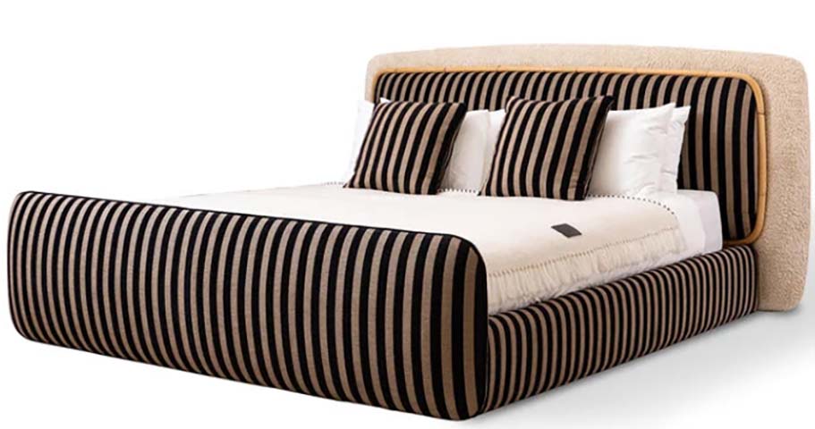 Curved Wraparound Headboard Upholstered Platform Bed with Striped Frame and Rattan Trim