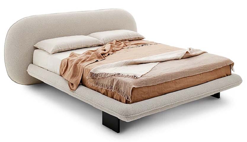 Cream Boucle Curved Headboard Low-Profile Upholstered Platform Bed