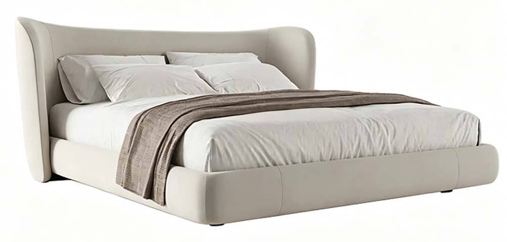 Curved Wingback Upholstered Low-Profile Platform Bed (Queen Size, Light Beige)