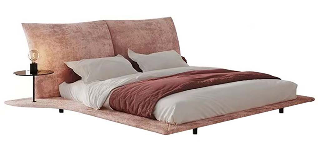 Pink Crushed Velvet Upholstered Platform Bed with Integrated Left Side Nightstand Shelf