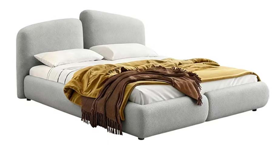 Light Gray Boucle Upholstered Low-Profile Platform Bed with Asymmetrical Split Padded Headboard