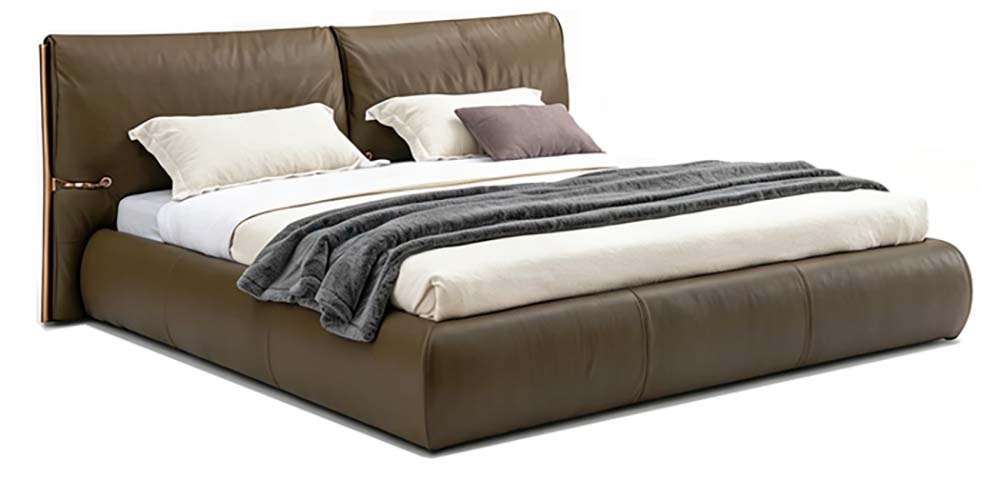 Olive Brown Upholstered Low-Profile Platform Bed with Rose Gold Headboard Accent