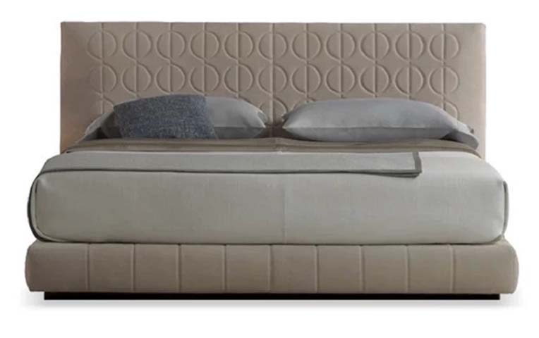 Light Beige Upholstered Platform Bed with Embossed Geometric Headboard