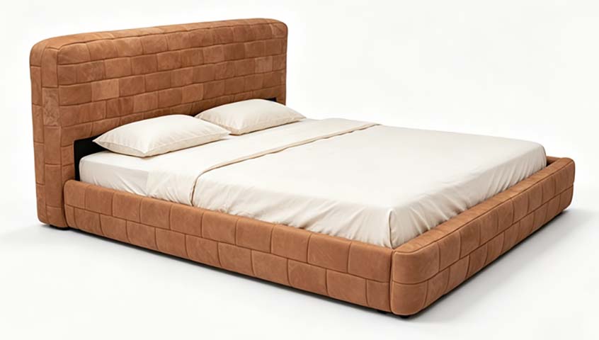 Camel Brown Brick Grid Upholstered Low-Profile King Platform Bed