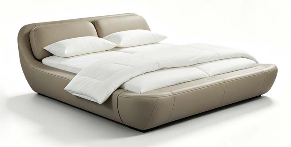 Taupe Faux Leather Curved Low-Profile Upholstered Platform Bed with Split Padded Headboard