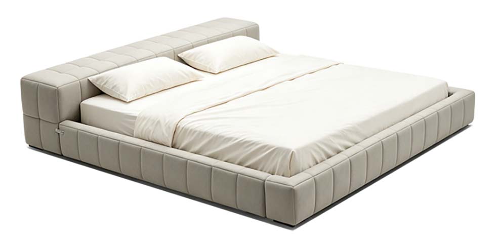 Light Grey Grid-Quilted Upholstered King Platform Bed with L-Shaped Extended Headboard