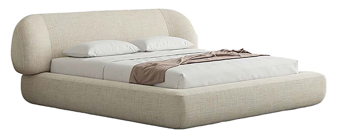 Beige Textured Upholstered Low-Profile Platform Bed with Curved Wide Headboard