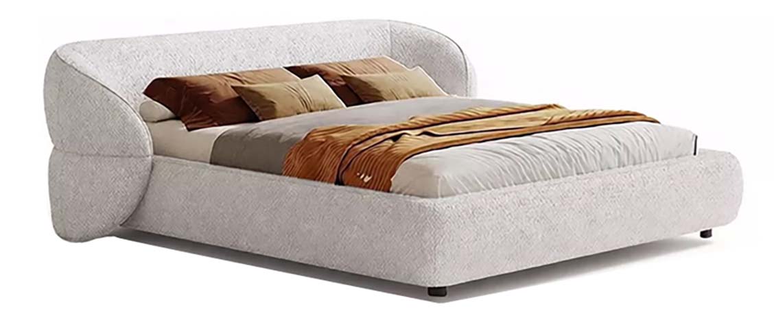 Asymmetrical Curved Wraparound Headboard Light Off-White Textured Upholstered Low-Profile Platform Bed