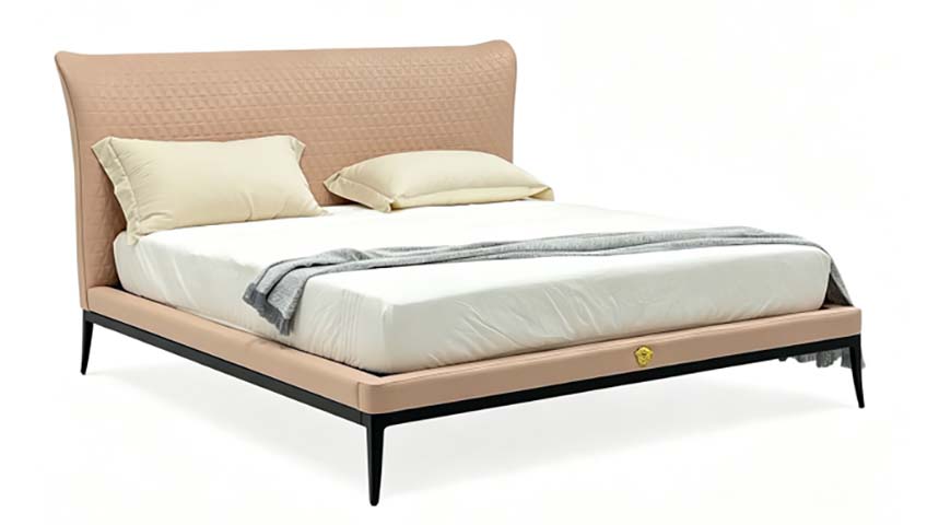 Blush Quilted Wingback Upholstered Platform Bed with Black Tapered Metal Legs and Gold Footboard Medallion