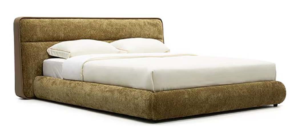 Olive Textured Fabric Rounded Edge Low-Profile Upholstered Platform Bed