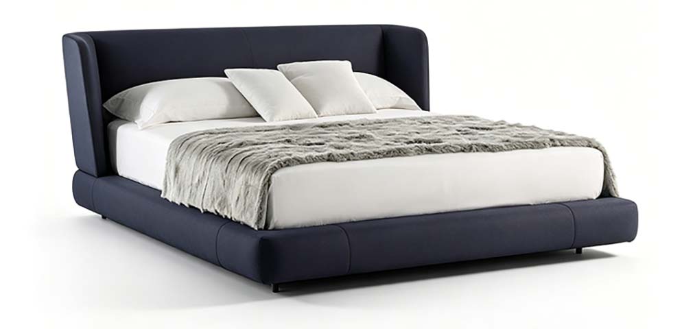 Navy Blue Upholstered Curved Wingback Platform Bed