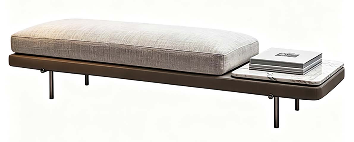 Upholstered Entryway Bench with Integrated Marble-Patterned Side Table