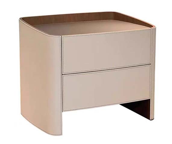 Beige Upholstered Curved 2-Drawer Nightstand with Raised Tray Top