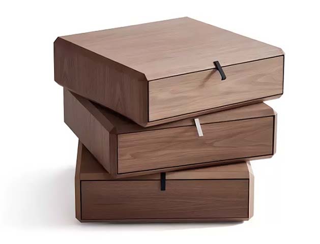 Rotating Stacked 3-Drawer Walnut Veneer Nightstand