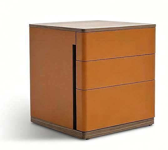 Caramel Leather-Upholstered 3-Drawer Nightstand with Wood Trim