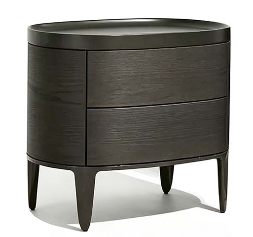 Dark Smoked Wood Oval Handleless 2-Drawer Nightstand