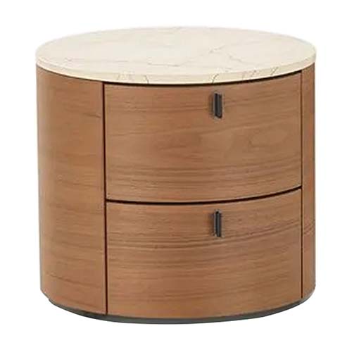 Cylindrical 2-Drawer Round Nightstand with Veined Stone Top