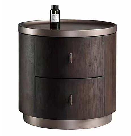 Dark Wood Cylindrical 2-Drawer Nightstand with Brushed Metal Trim