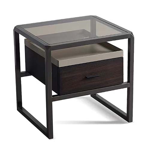 Contemporary Single-Drawer Smoked Glass Top Nightstand with Black Metal Geometric Frame