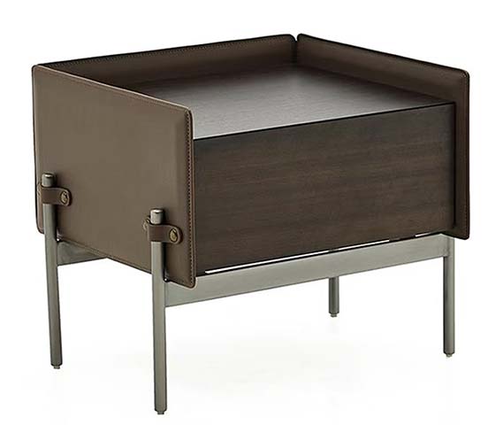 Dark Wood Single-Drawer Nightstand with Saddle-Stitched Leather Accents and Brushed Metal Legs