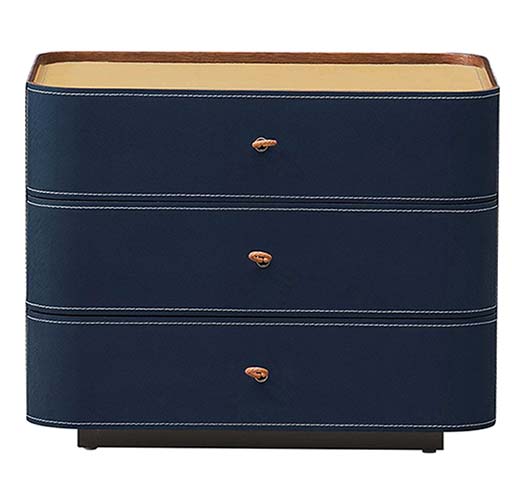 Navy Upholstered Curved 3-Drawer Chest with Raised Tray Top