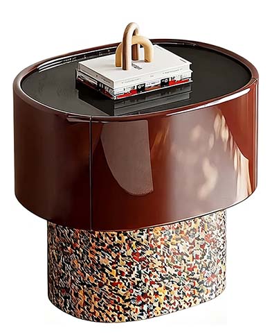 Glossy Reddish-Brown Cylindrical 1-Drawer Storage Nightstand with Mosaic Pedestal Base