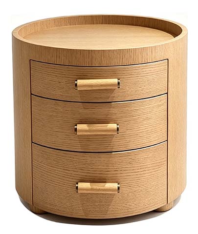 Cylindrical 3-Drawer Natural Oak Nightstand with Brass Pulls and Raised Tray Top