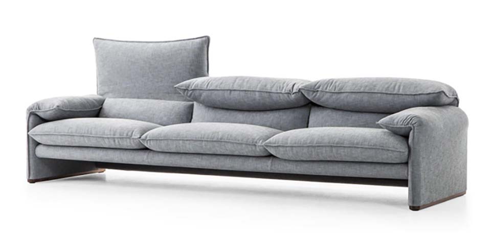 Modern Grey Linen-Look Upholstered Three-Seater Sofa with Asymmetric Back Cushion