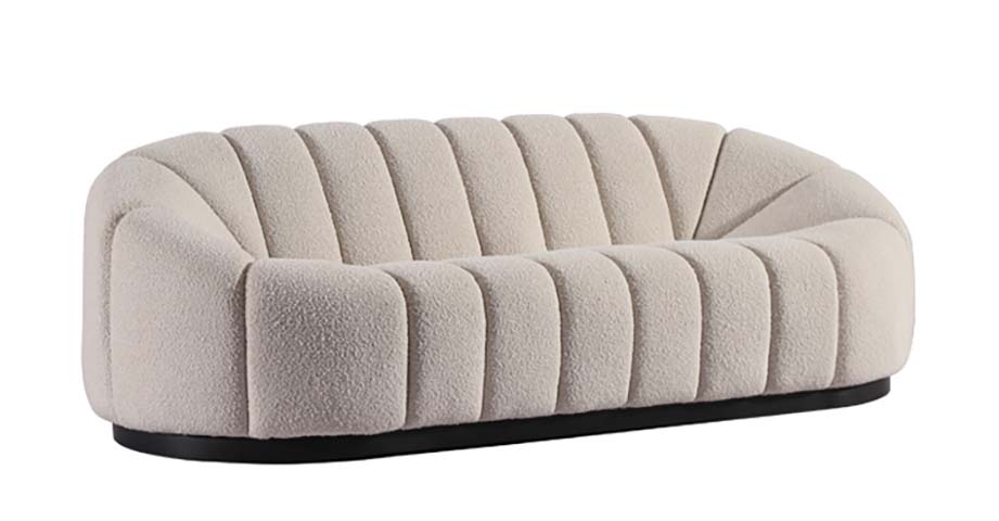 Curved Channel-Tufted Cream Boucle 3-Seater Lounge Sofa with Black Plinth Base